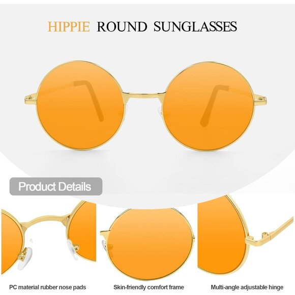 Chrorine Women's Gold Frame Orange Lens Hippie Round 70s Retro Sun Glasses - Picture 4 of 6